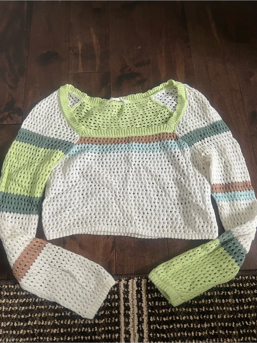 Bluenotes White Crochet Off-Shoulder Sweater with Pastel Green & Blue Stripes